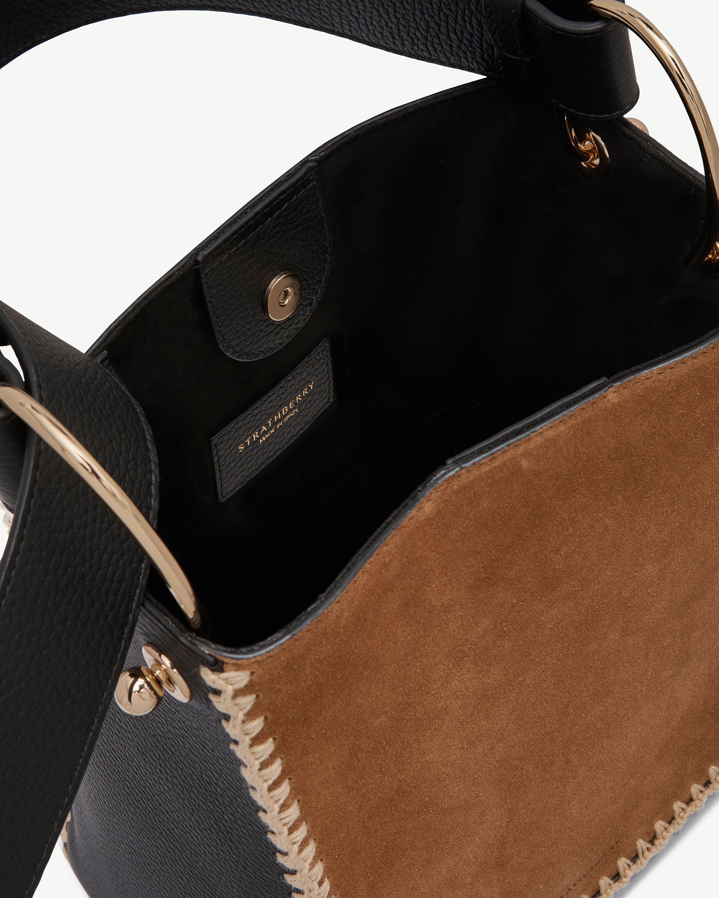 Lana Midi Bucket Bag — Tan Suede & Black Crochet Leather