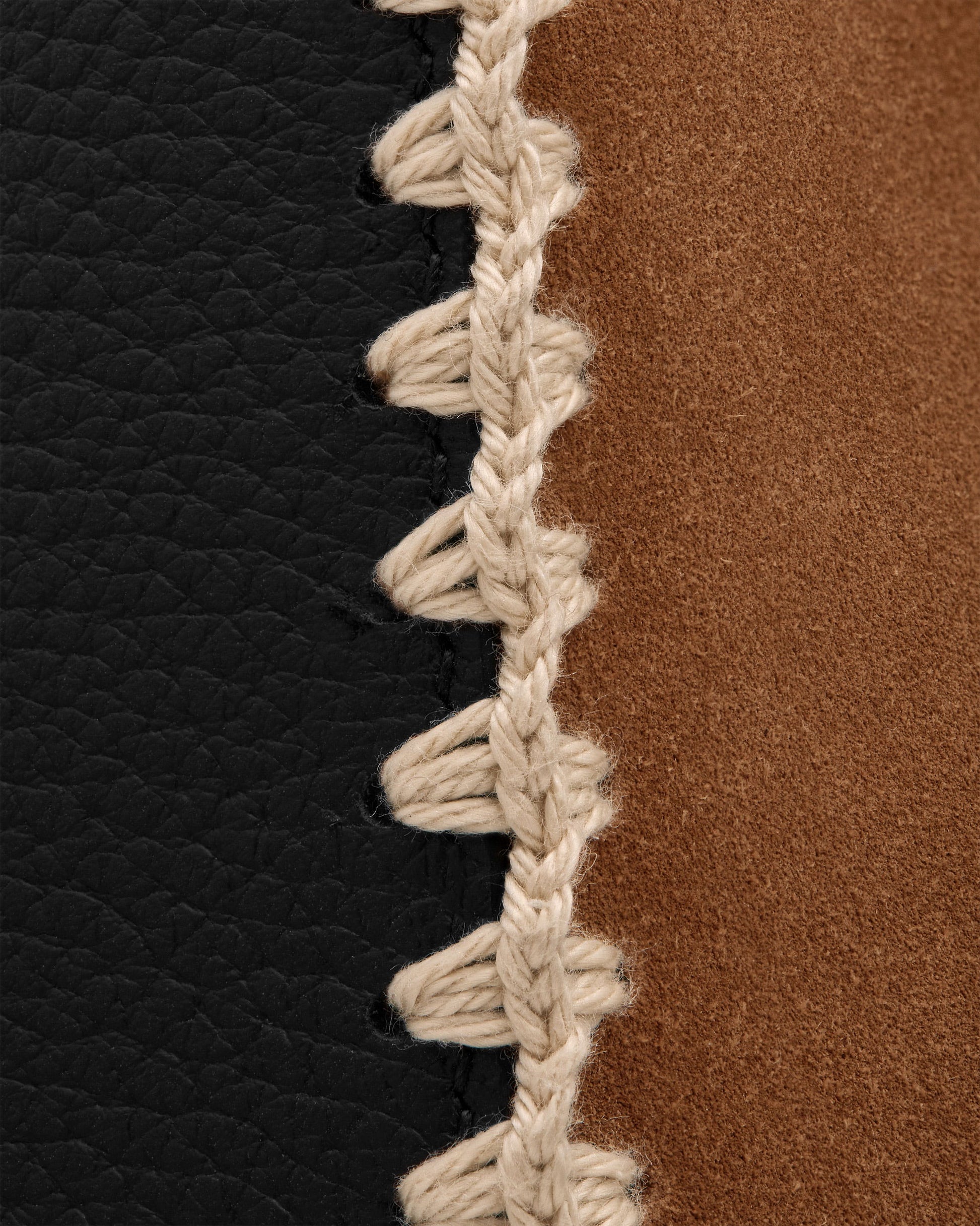 Lana Midi Bucket Bag — Tan Suede & Black Crochet Leather
