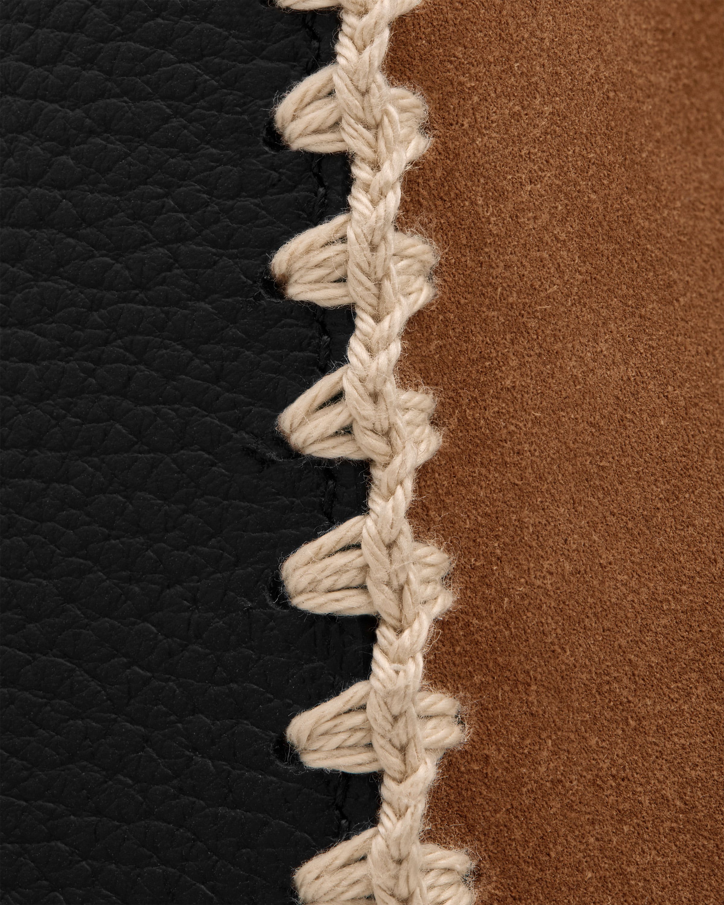 Lana Midi Bucket Bag — Tan Suede & Black Crochet Leather