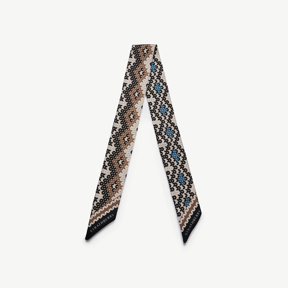 Silk Skinny Scarf — Chestnut & Blue Fair Isle