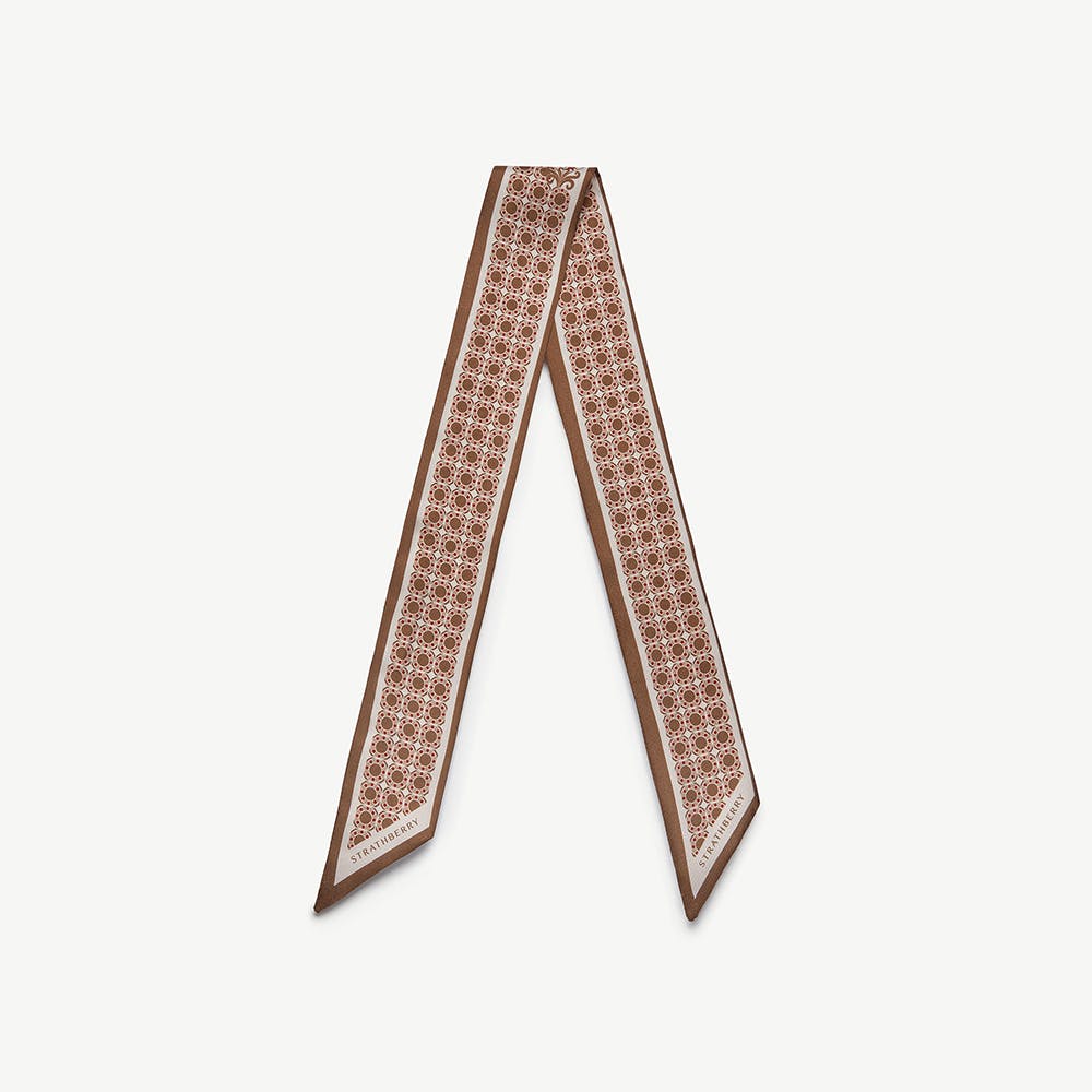Silk Skinny Scarf — Tan Geometric Print