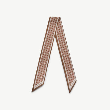 Silk Skinny Scarf — Tan Geometric Print