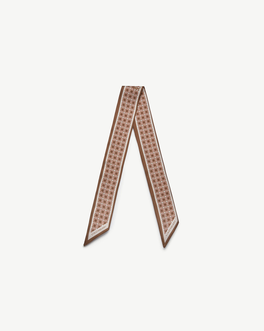 Silk Skinny Scarf — Tan Geometric Print