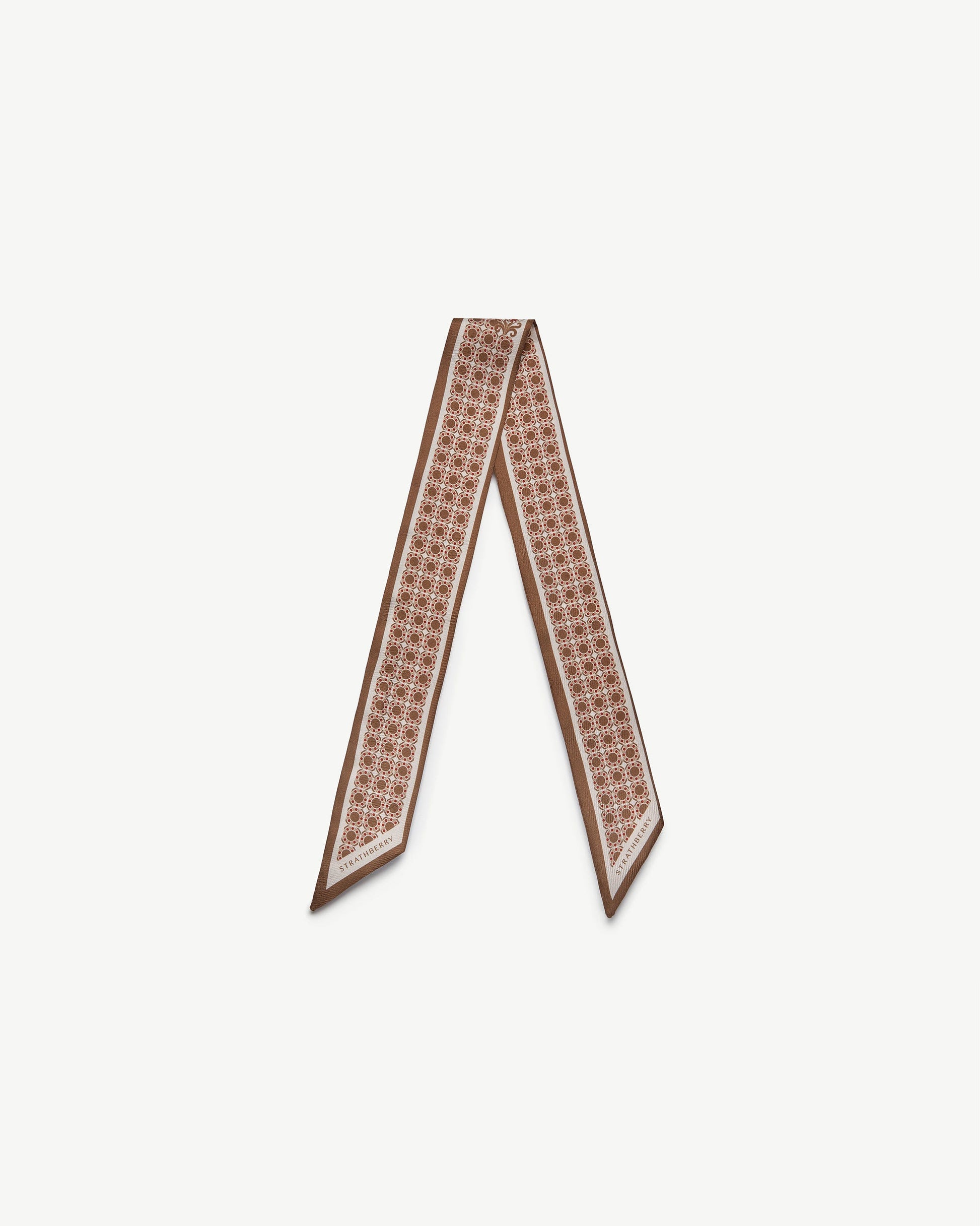 Silk Skinny Scarf — Tan Geometric Print