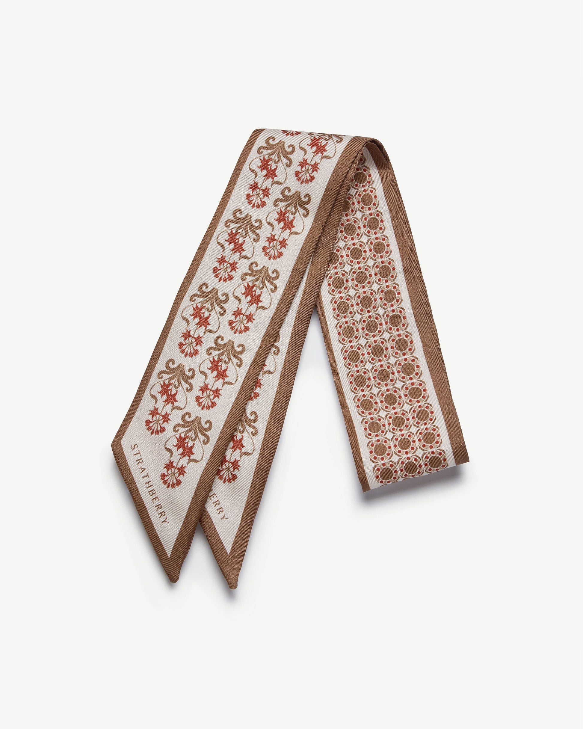 Silk Skinny Scarf — Tan Geometric Print