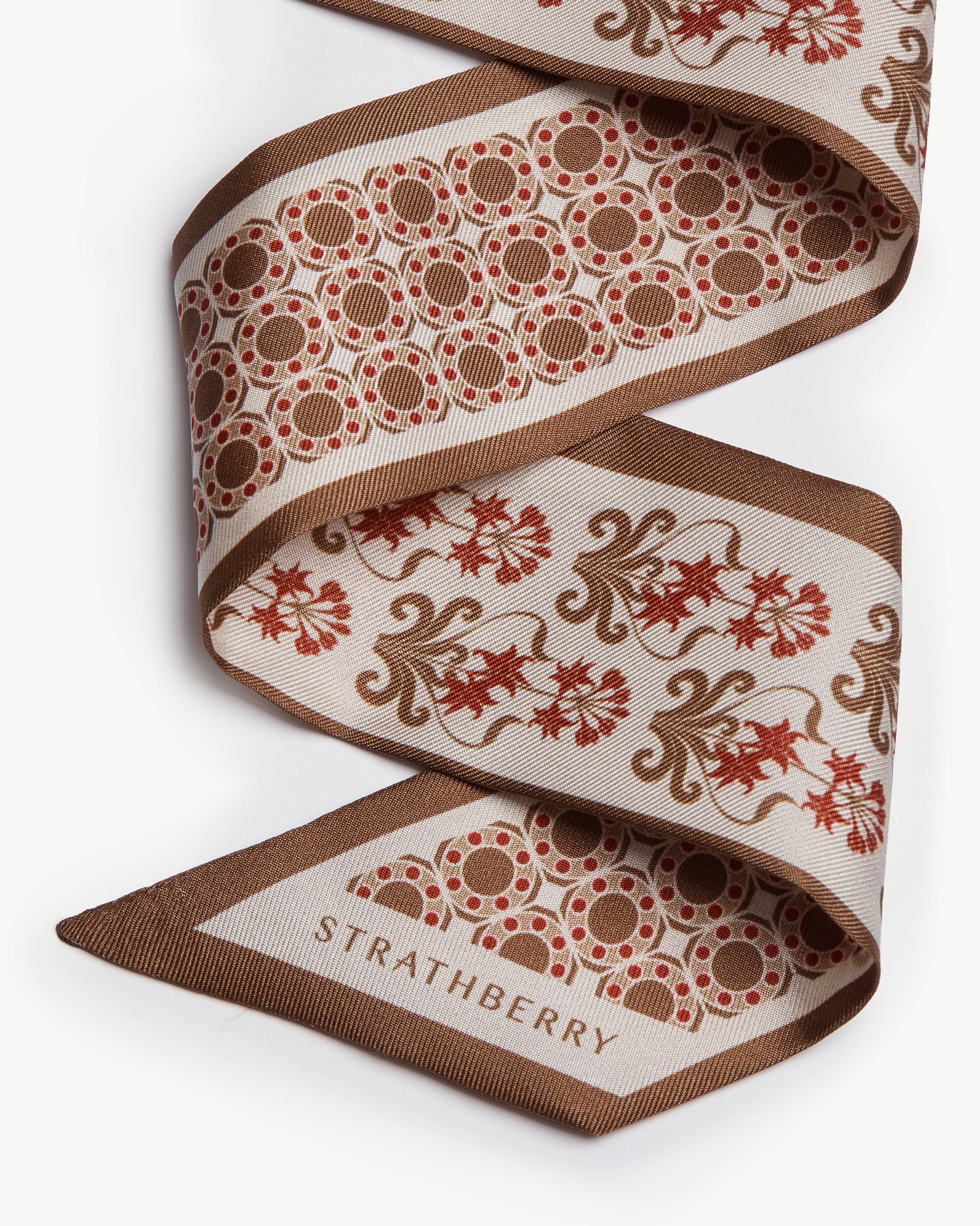 Silk Skinny Scarf — Tan Geometric Print