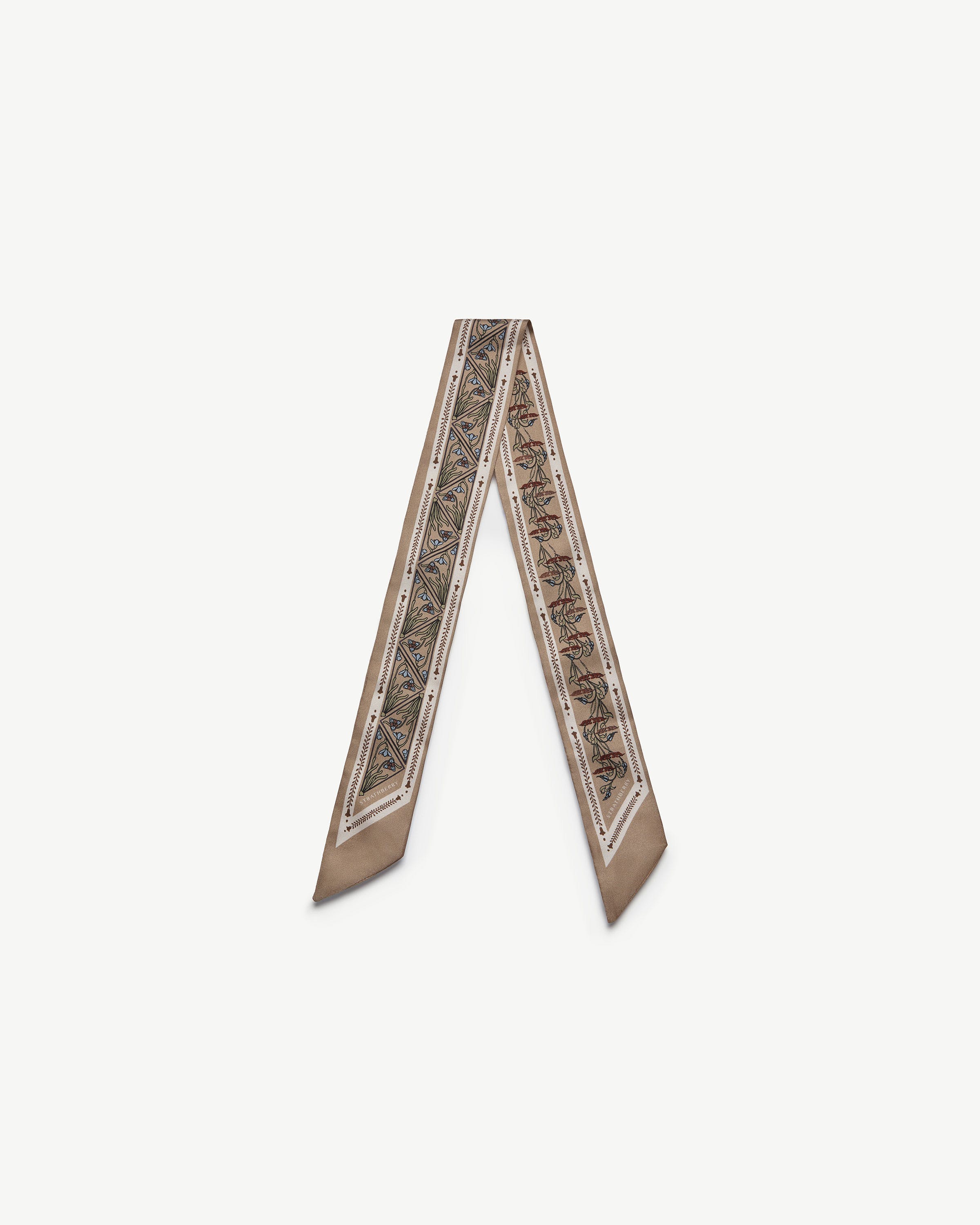 Silk Skinny Scarf — Geometric Print in Caramel