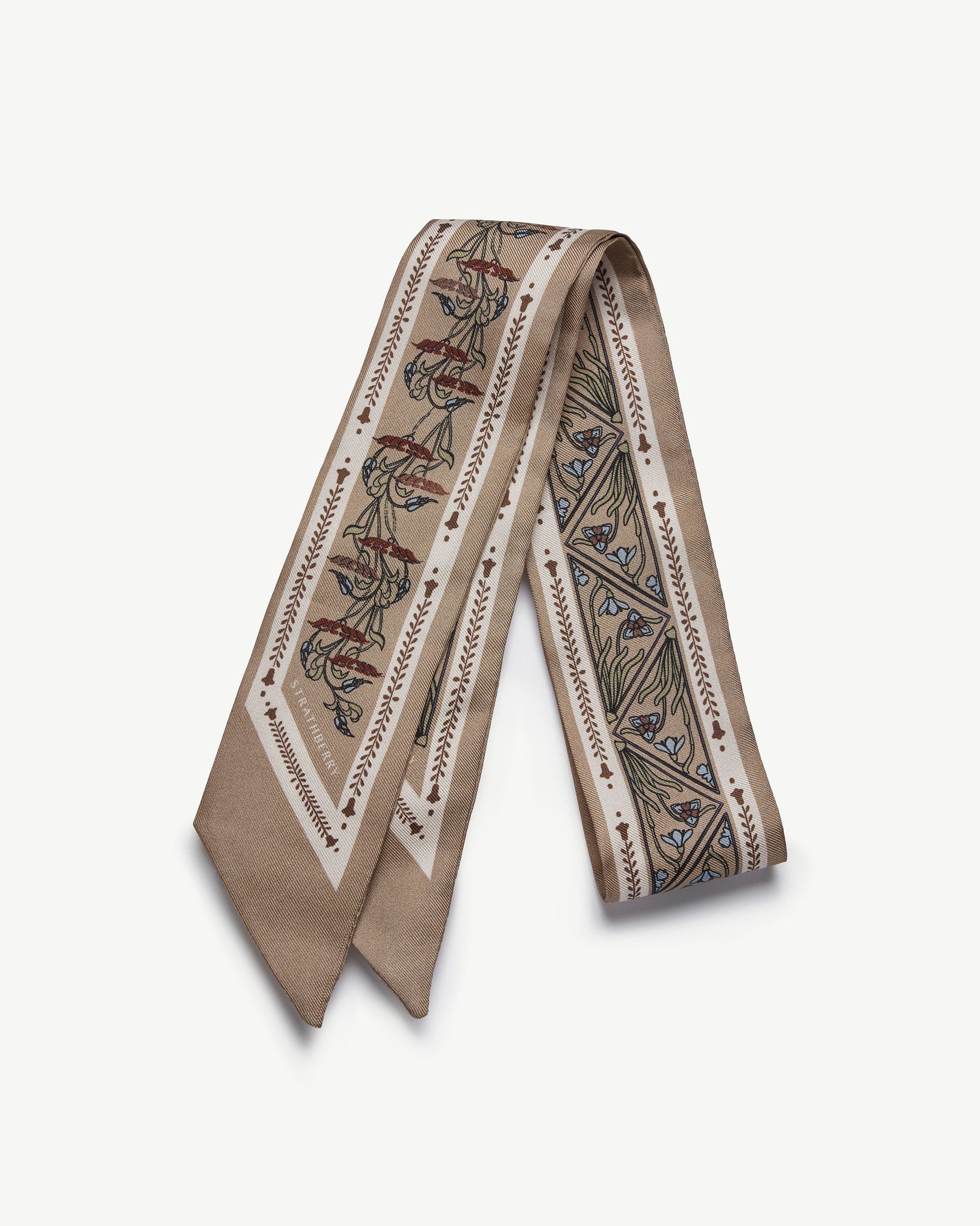 Silk Skinny Scarf — Geometric Print in Caramel