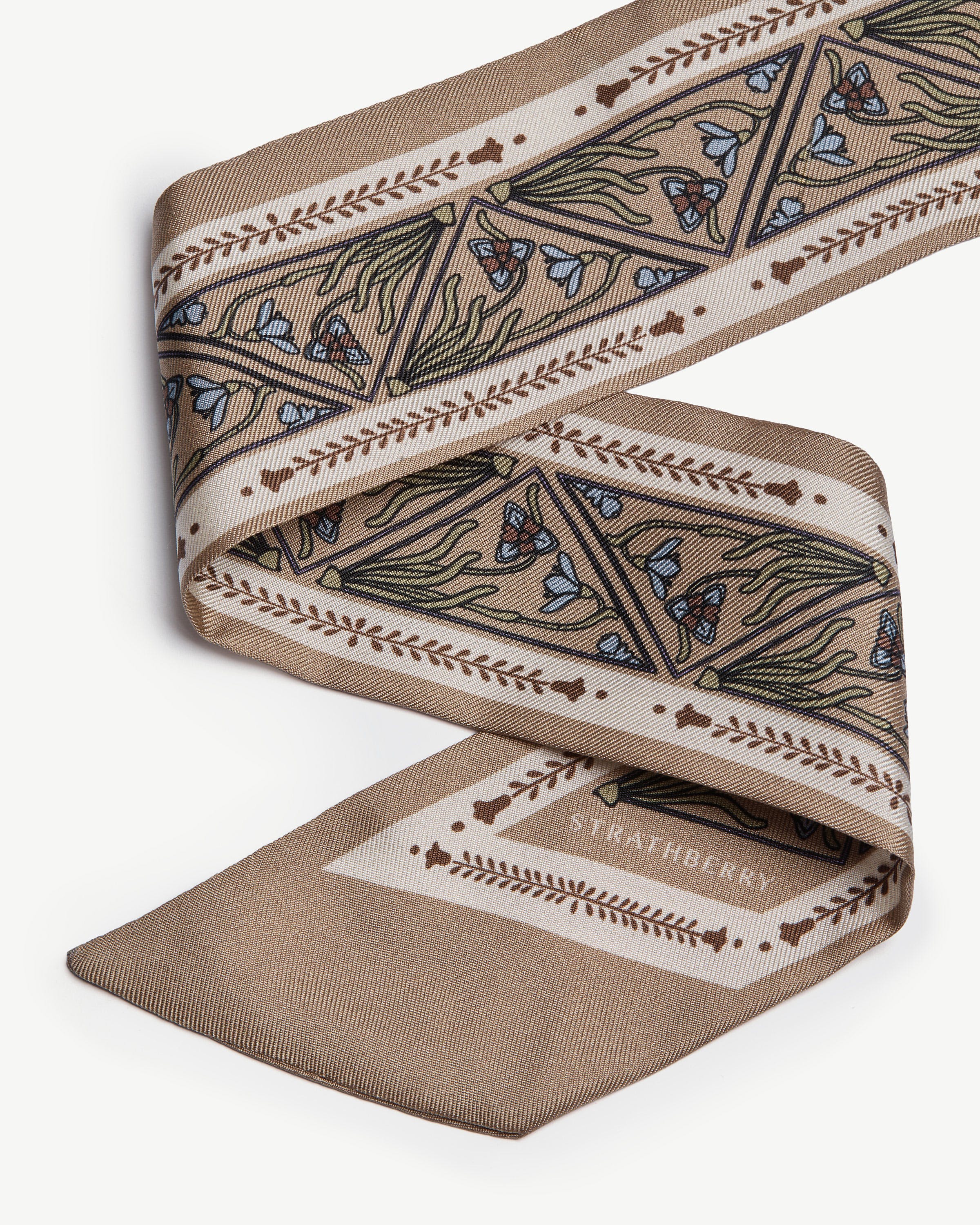 Silk Skinny Scarf — Geometric Print in Caramel