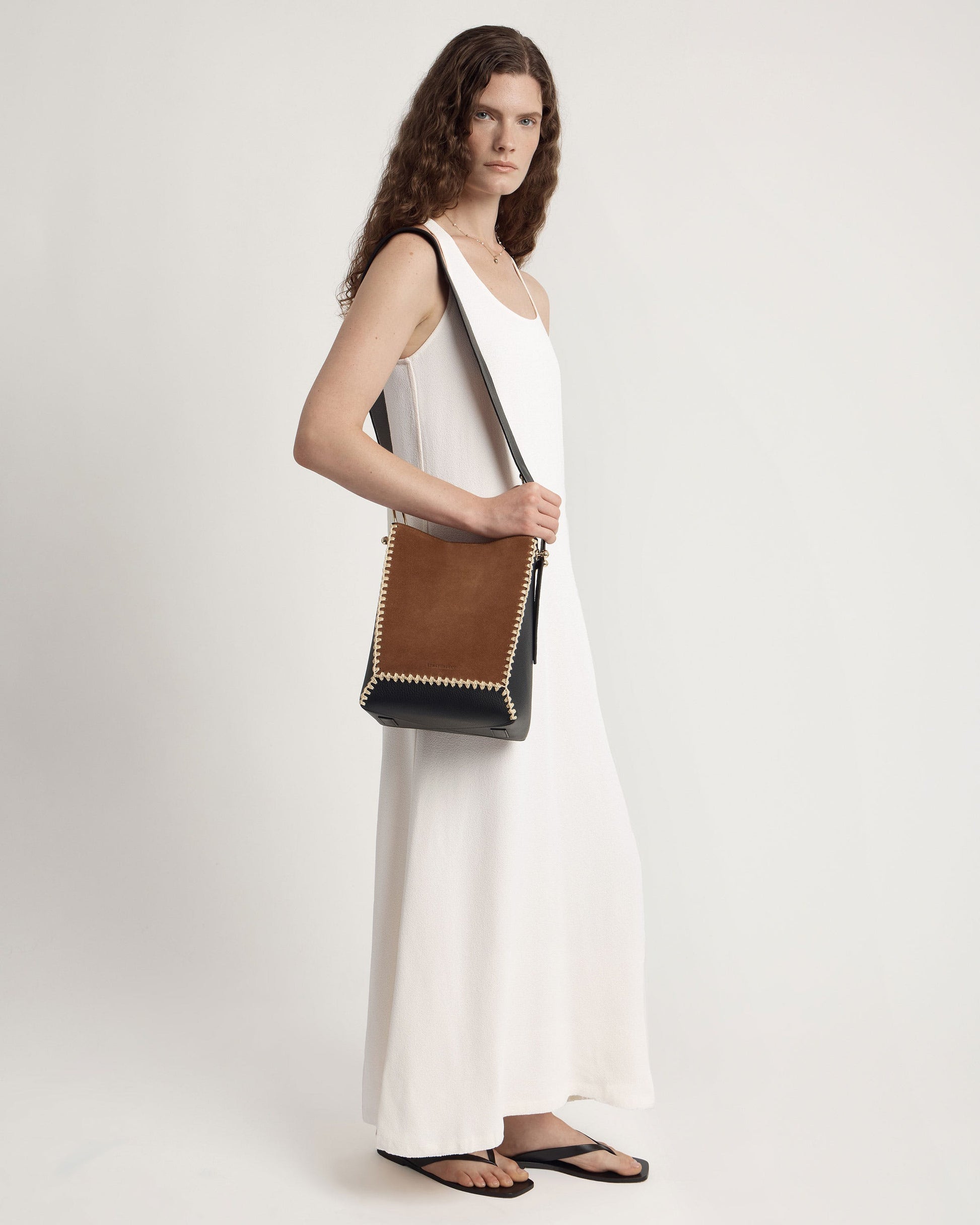 Lana Midi Bucket Bag — Tan Suede & Black Crochet Leather