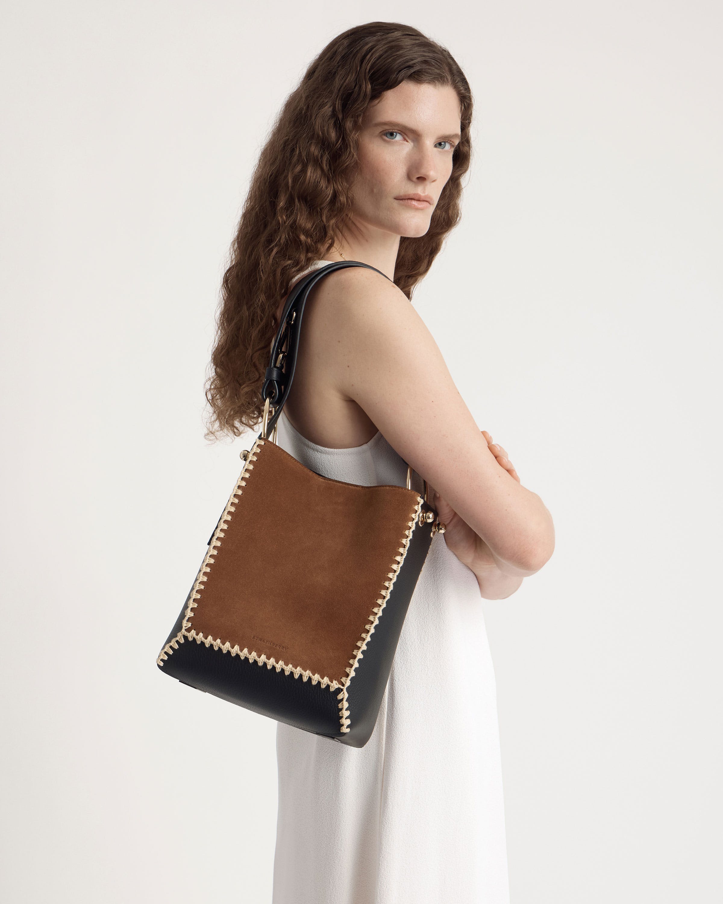 Lana Midi Bucket Bag — Tan Suede & Black Crochet Leather