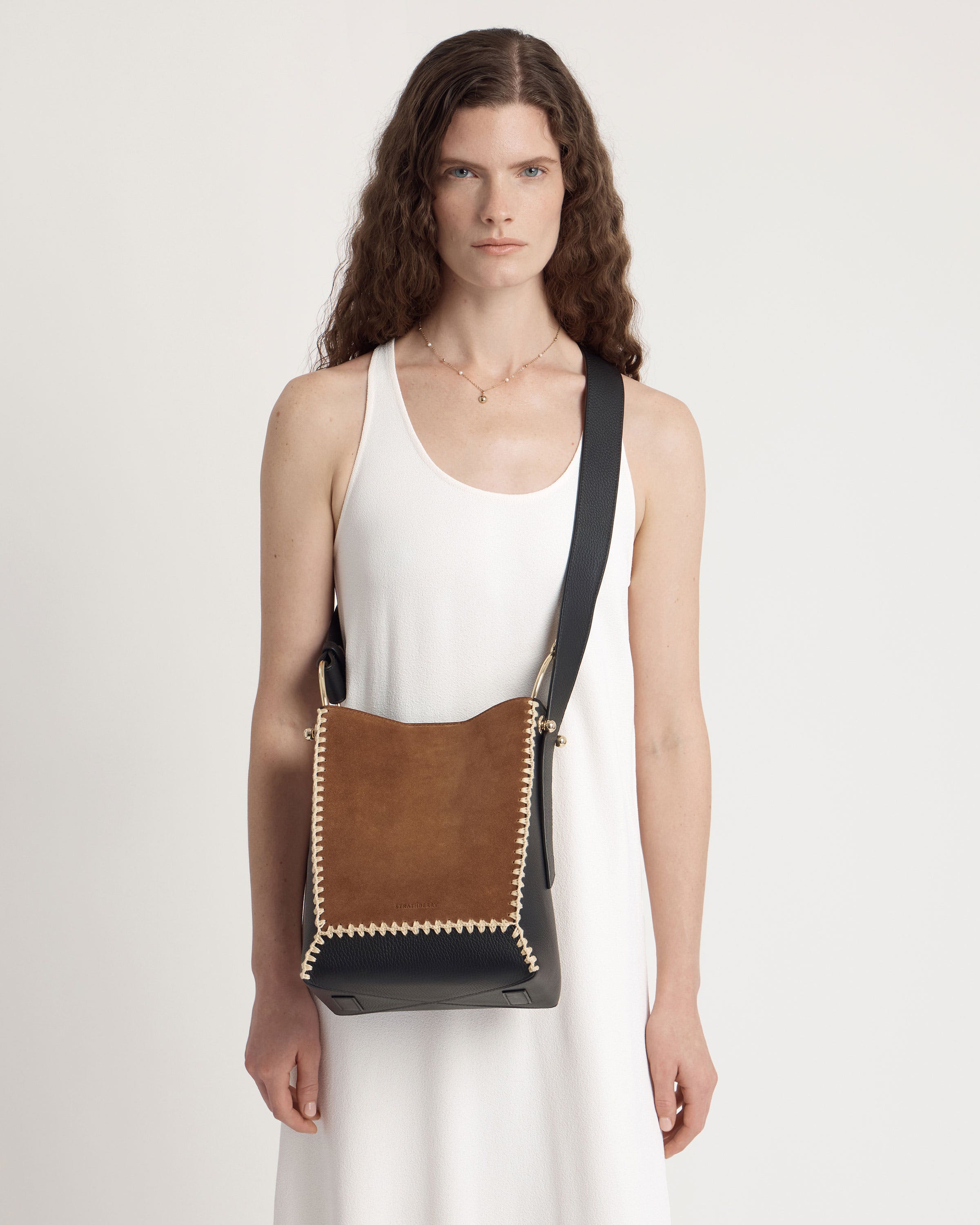 Lana Midi Bucket Bag — Tan Suede & Black Crochet Leather
