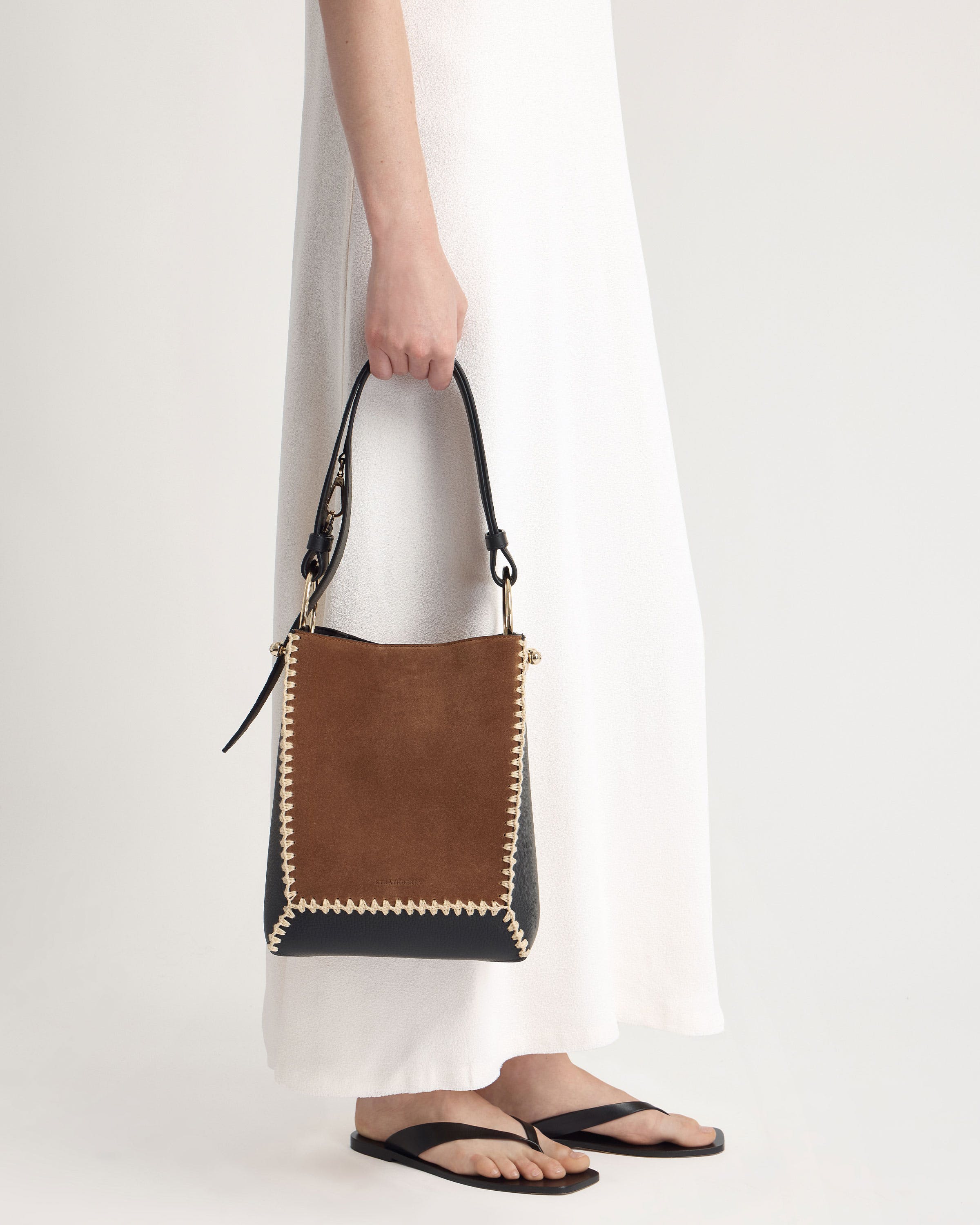 Lana Midi Bucket Bag — Tan Suede & Black Crochet Leather