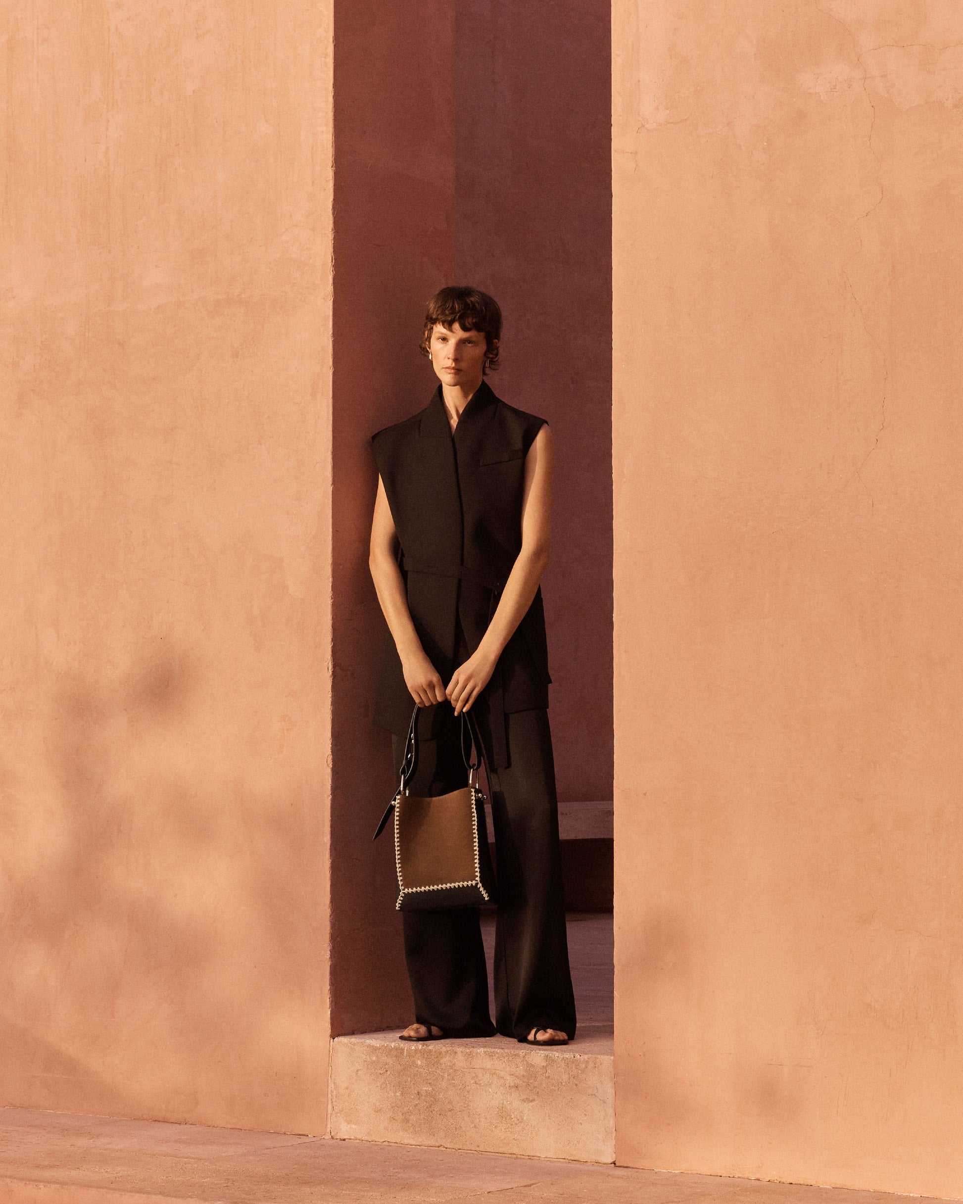 Lana Midi Bucket Bag — Tan Suede & Black Crochet Leather